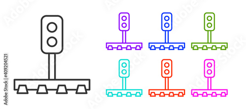 Black line Train traffic light icon isolated on white background. Traffic lights for the railway to regulate the movement of trains. Set icons colorful. Vector.