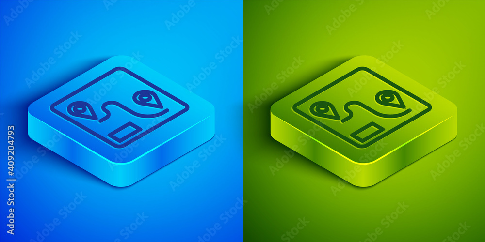 Isometric line Route location icon isolated on blue and green background. Train line path of train road route with start point GPS and dash line. Square button. Vector. Isometric line Route location icon isolated on blue and green background. Train line path of train road route with start point GPS and dash line. Square button. Vector.