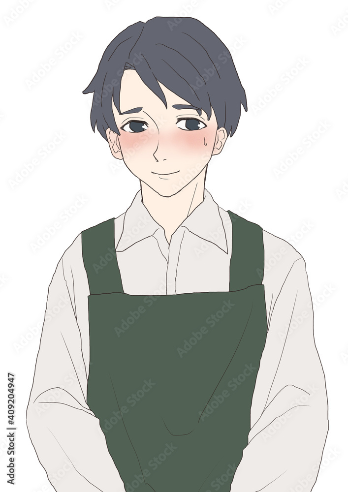 エプロン　青年　照れる