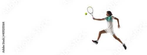Flyer. Young caucasian professional sportsman playing tennis isolated on white background. Training, practicing in motion, action. Power and energy. Movement, ad, sport, healthy lifestyle concept.