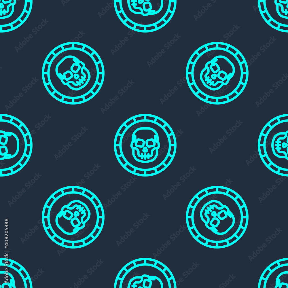 Green line Pirate coin icon isolated seamless pattern on blue background. Vector.