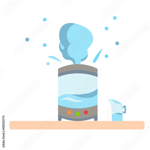 Humidifier with house plants. Equipment for home or office. Ultrasonic air purifier in the interior. Cleaning and humidifying device. Modern vector illustration in flat cartoon style.