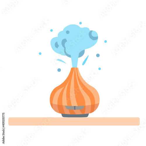Humidifier with house plants. Equipment for home or office. Ultrasonic air purifier in the interior. Cleaning and humidifying device. Modern vector illustration in flat cartoon style.
