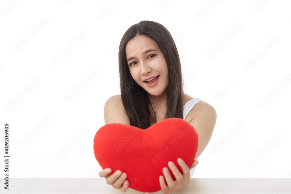Womon brunette long hair holding red heart love Womon brunette long hair holding red heart love