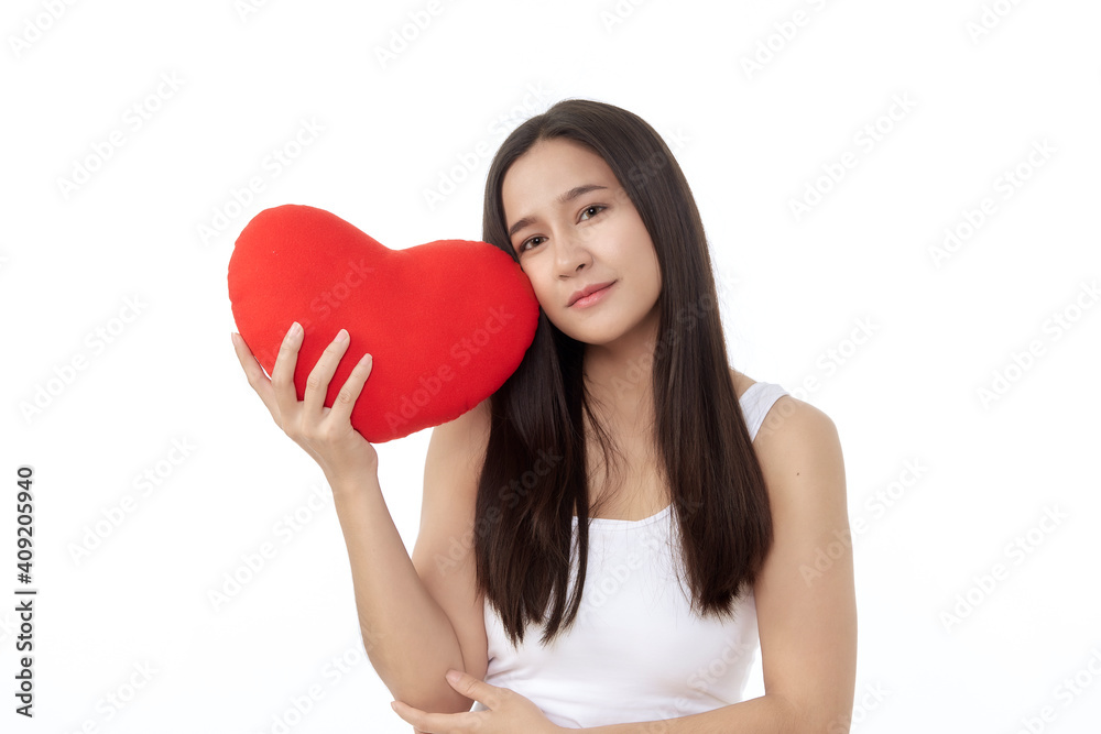 Womon brunette long hair holding red heart love Womon brunette long hair holding red heart love