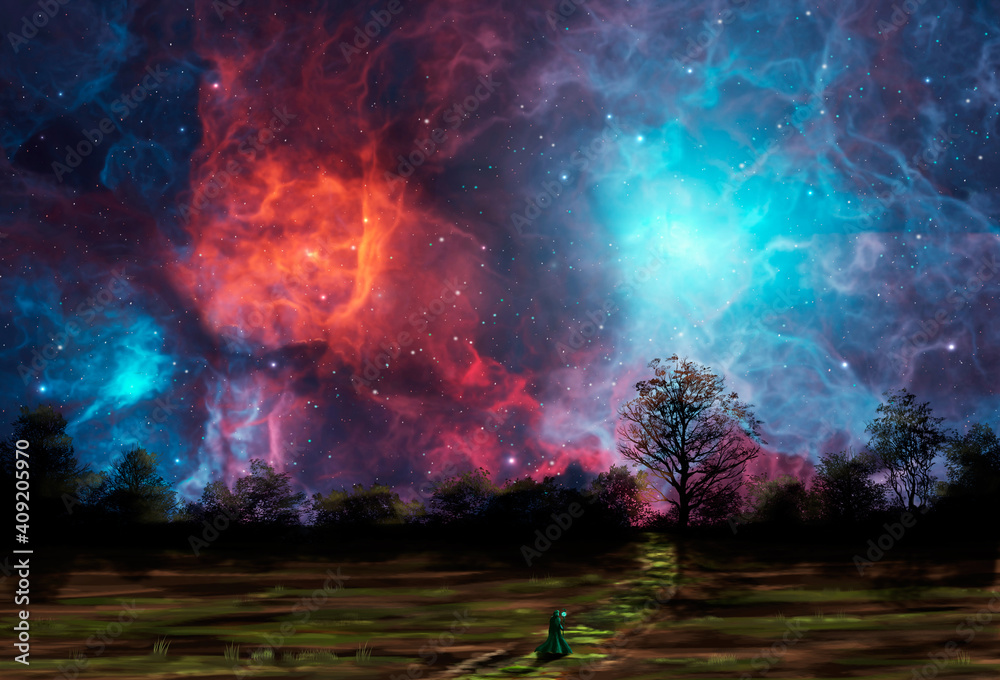 Space background. Magician walking on path in meadow landscape with tree silhouette and colorful nebula. Digital painting, 3D rendering