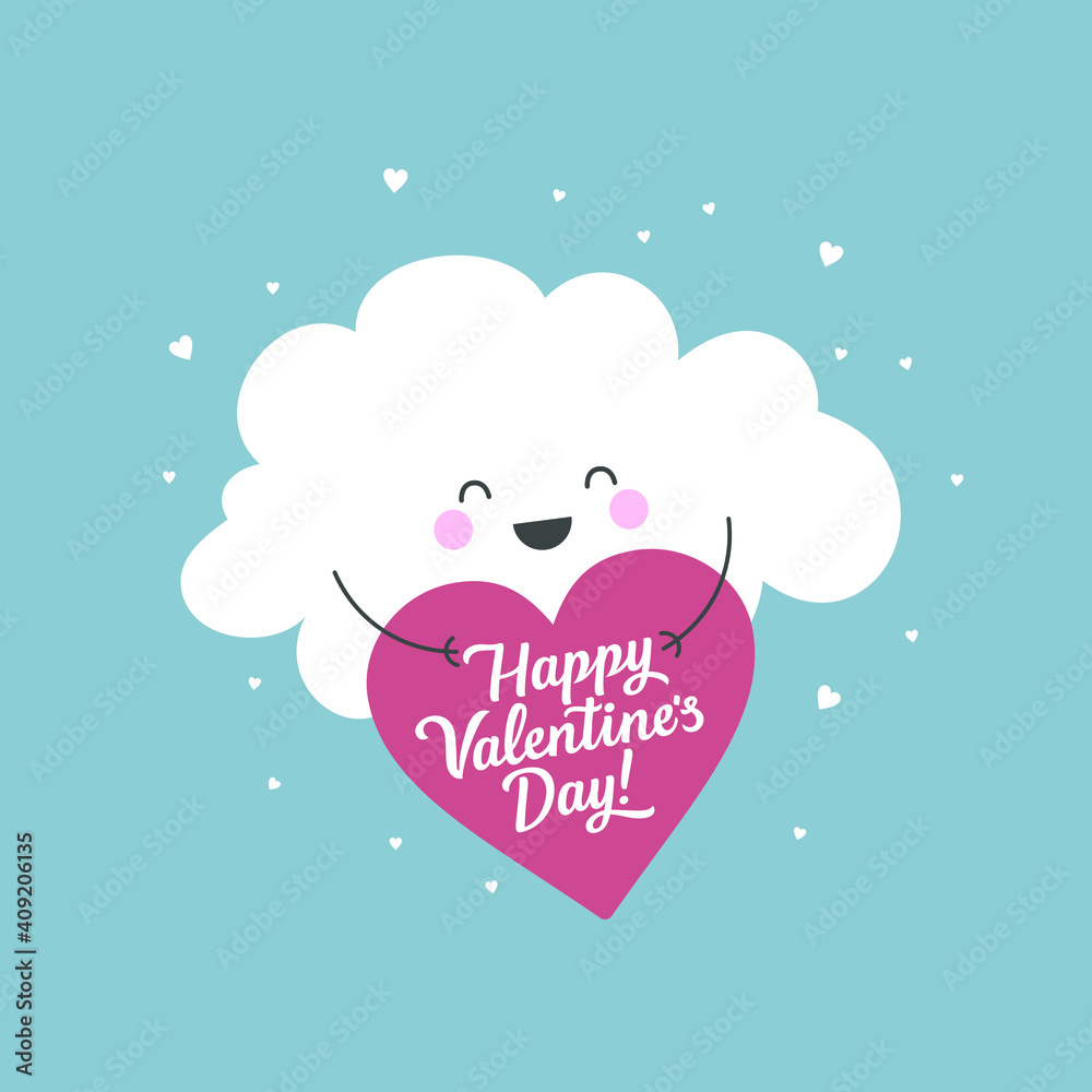 Happy valentines day greeting card. Kawaii cloud and heart. Cartoon vector illustration. 