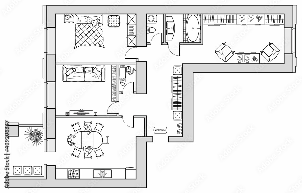 House or apartment  architectural sketch. Drawing of building. Set of furniture icons for floor plan and interior design all  residential rooms. Vector