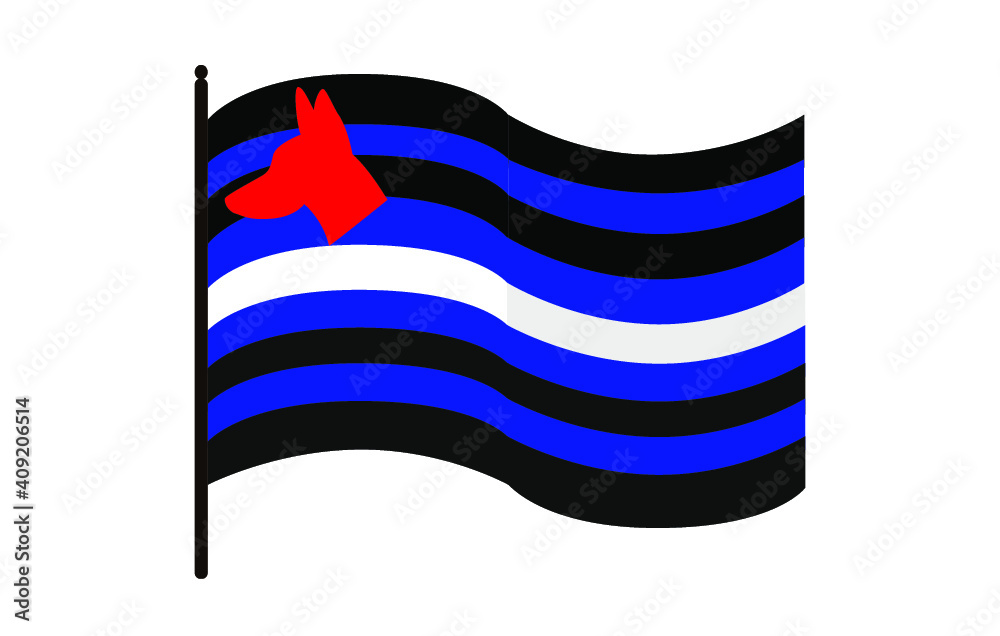Obraz premium Vector illustration of waving Puppy pride flag on white background: blue, white and black stripes with a red bone. An alternate symbol of the puppy fetish community.