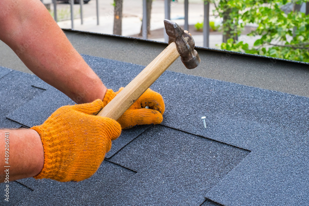 Worker hands installing bitumen roof shingles using hammer in nails ...