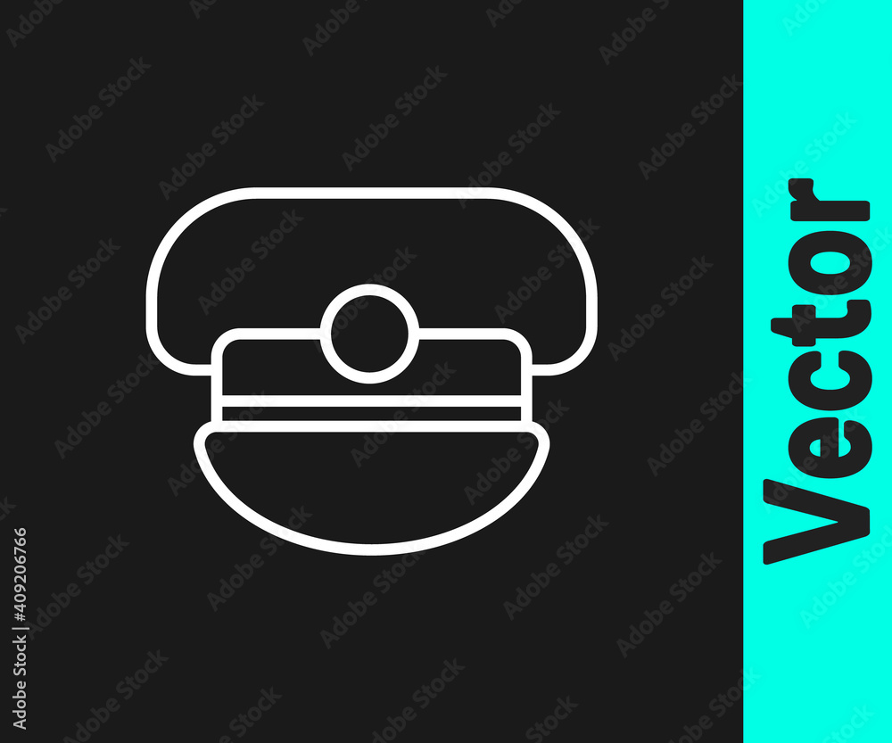 White line Captain hat icon isolated on black background. Vector. White line Captain hat icon isolated on black background. Vector.