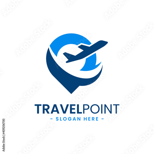 Travel point logo design template. Pin icon with airplane combination. Concept of holiday, tourism, trip, exploration, etc.
