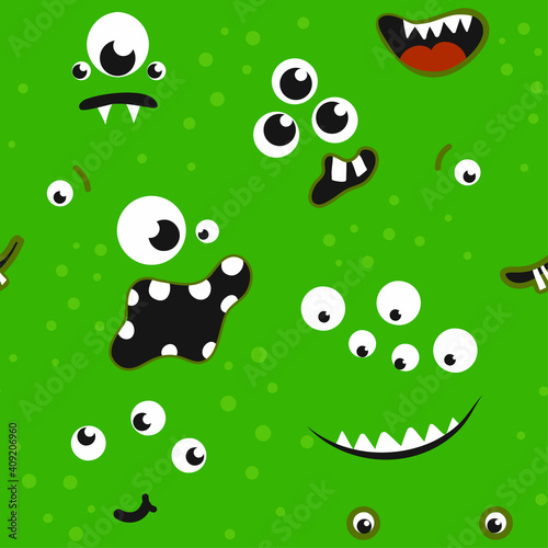 Monster pattern design with several monster faces - funny hand drawn doodle  seamless pattern. Lettering poster or t-shirt textile graphic design.  wallpaper  wrapping paper  background.