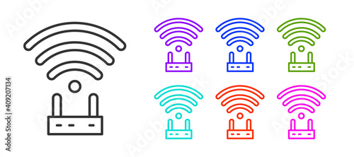 Black line Router and wi-fi signal icon isolated on white background. Wireless ethernet modem router. Computer technology internet. Set icons colorful. Vector.