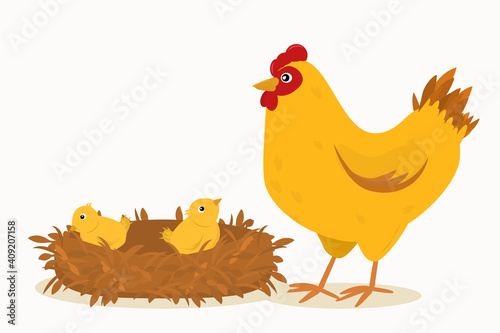 illustration of a chicken standing next to a nest of chickens