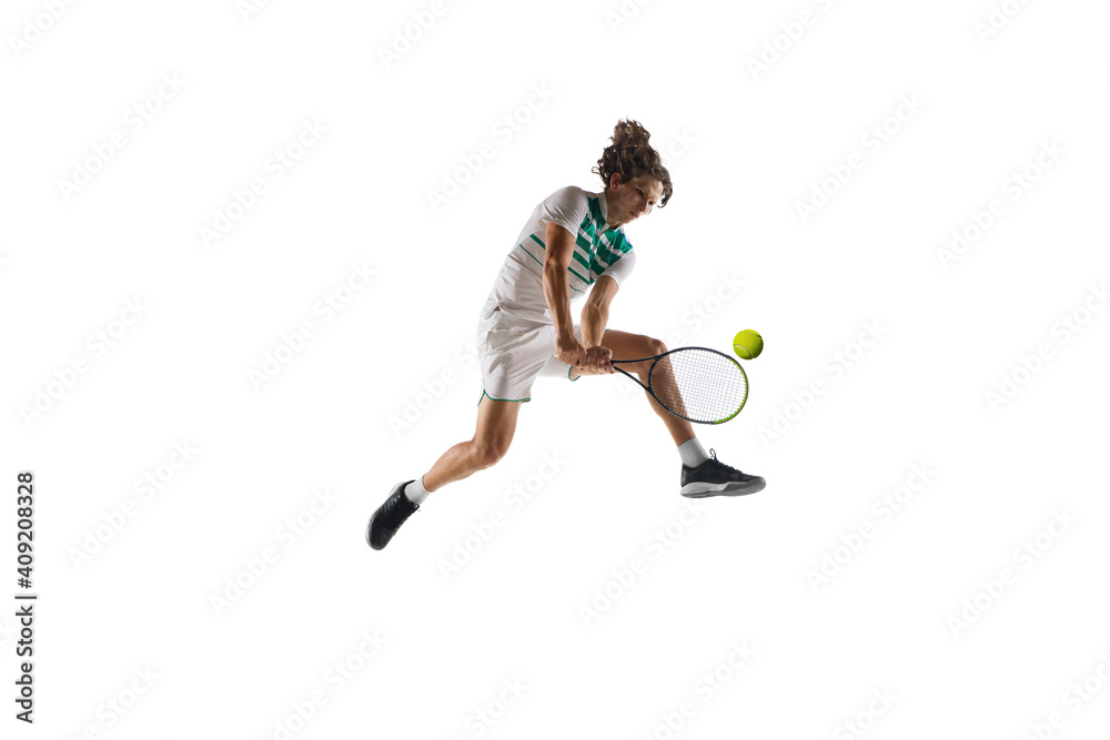 Flying. Young caucasian professional sportsman playing tennis isolated on white background. Training, practicing in motion, action. Power and energy. Movement, ad, sport, healthy lifestyle concept.