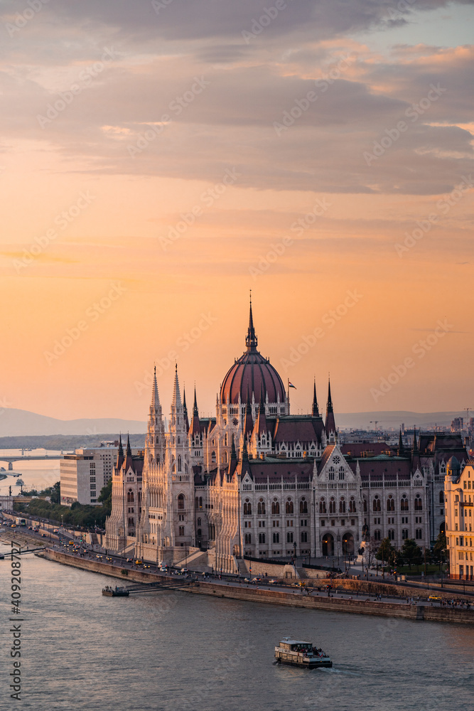 Budapest, Hungary. Night view on Parliament building over delta of Danube river.
