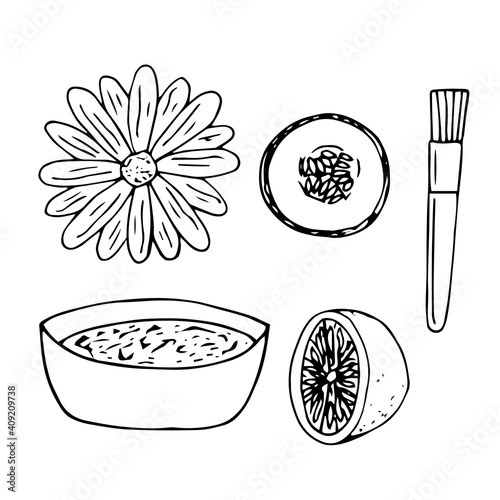Set of home made cosmetics, vector doodle illustration, bowl, brush and products