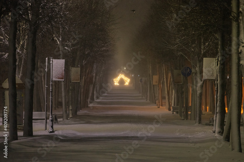 a night blizzard in the city  a quiet deserted park in the light of lanterns  a winter landscape of a quiet street