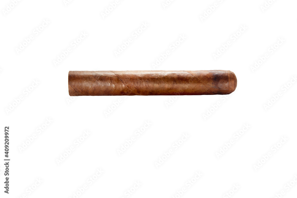 close up view of nice robusto Cuban cigar on white back close up view of nice robusto Cuban cigar on white back
