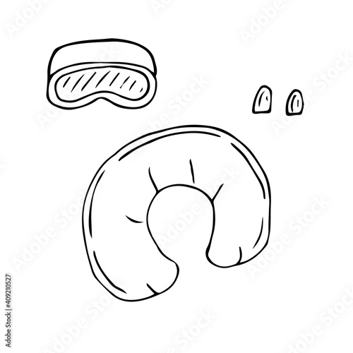 Travel set, vector doodle illustration, sleep mask, earplugs, Inflatable pillow
