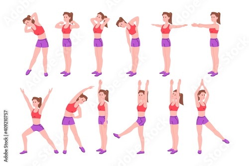 Workout girl set. Woman doing fitness and yoga exercises and lead healthy lifestyle. Full body workout. Lunges and squats, plank and abc. Flat vector cartoon illustration. 