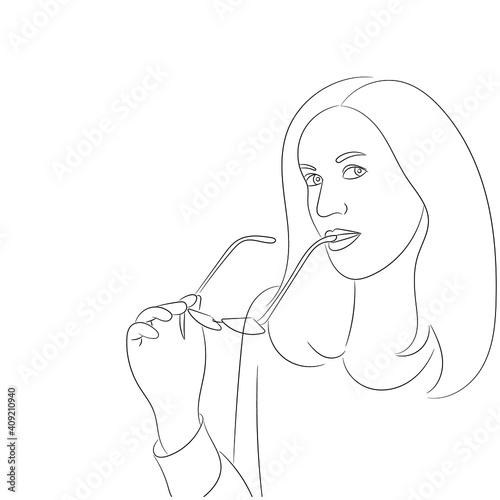 Sketch portrait of a pensive girl with glasses in hand