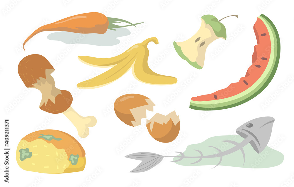 Naklejka premium Food trash set. Rotten fruits, vegetables, meat, fish and bread organic waste isolated on shite background. Vector illustration for disposal garbage, reuse, rubbish, dump concept