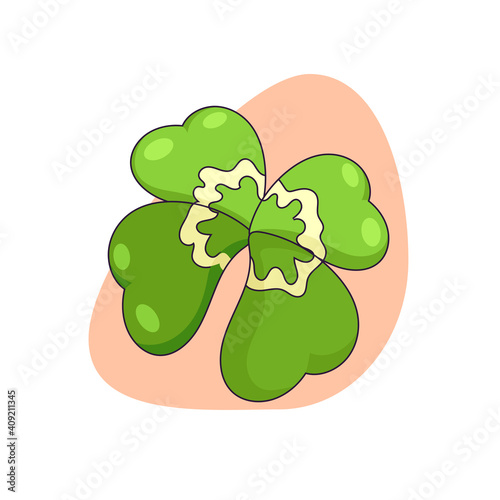 A leaf of Clover with four petals on white isolated background, vector lucky leaf in Cartoon style, isolated Dutch Clover, concept of Nature and Botany, Fortune and Luck elements, Summer and Spring.