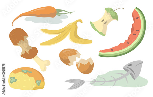 Food trash set. Rotten fruits, vegetables, meat, fish and bread organic waste isolated on shite background. Vector illustration for disposal garbage, reuse, rubbish, dump concept