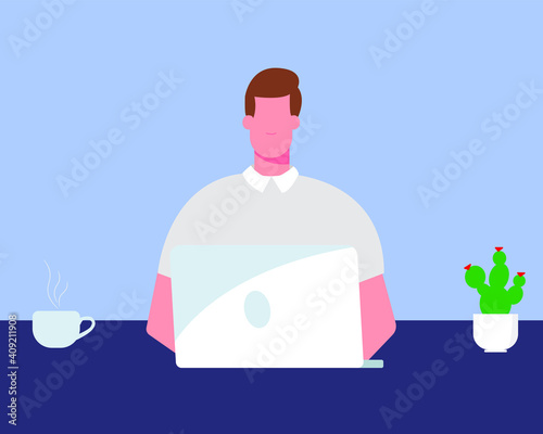 illustration of a person working at a computer, cup of coffee, workplace, lockdown, remote work