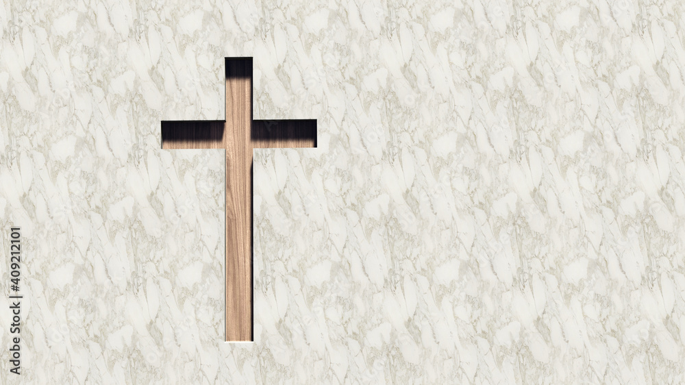 Concept or conceptual wooden cross on a pattern white marble background. 3d illustration metaphor for God, Christ, Christianity, religious, faith, holy, spiritual, Jesus, belief or resurection