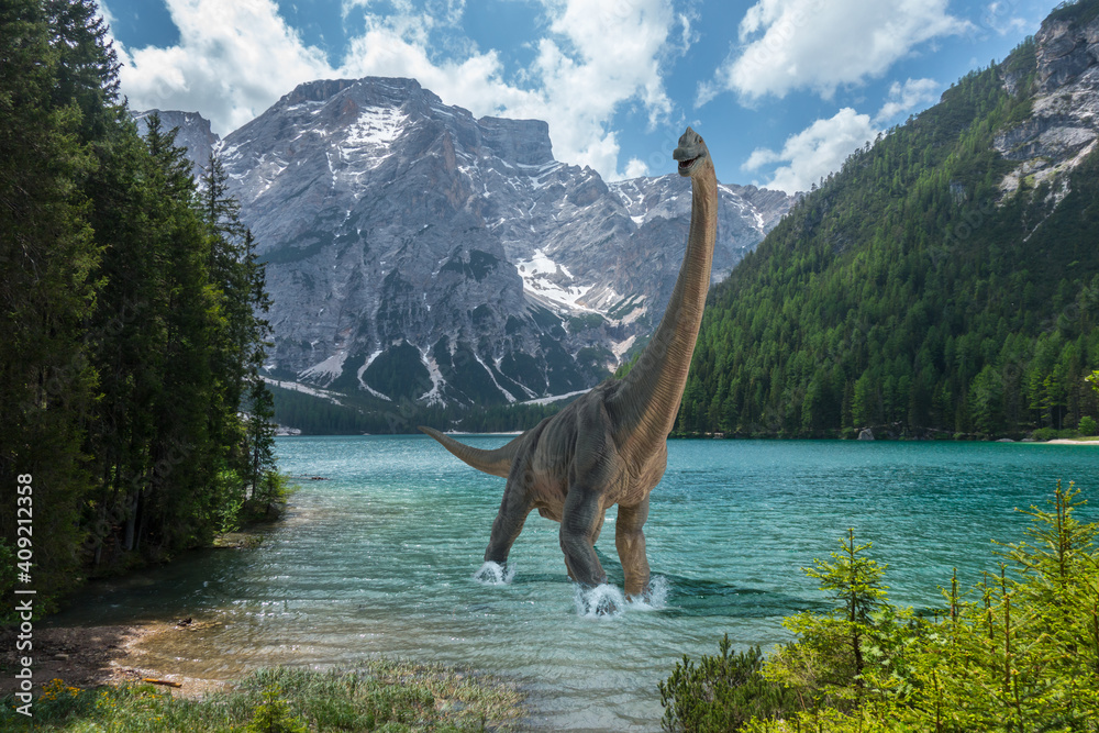 Naklejka premium Brachiosaurus walks alone into cold lake before dinosaurs extinction. Snow on the mountains in the background.