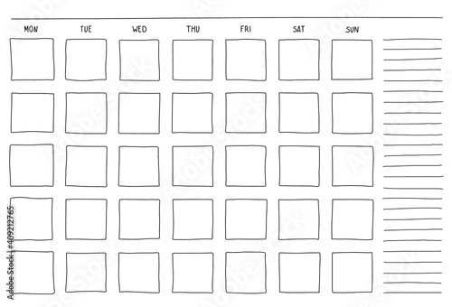 Template blank month planning with place for notes. Hand drowh sketch doodle Vector illustration simple black line