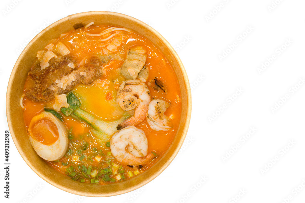 Japanese ramen ingredients in a bowl on white background Japanese ramen ingredients in a bowl on white background