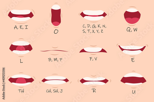 Creative mouth sync flat set for web design. Cartoon talking mouths lips for character animation isolated vector illustration collection. English pronunciation and speaking articulation concept