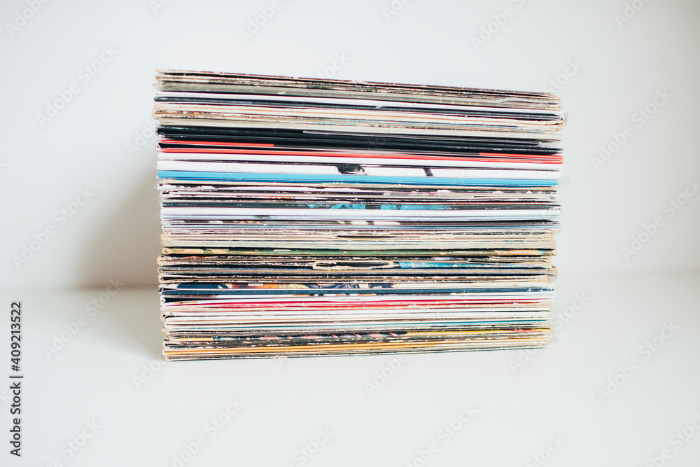 Stack of vinyl records, gramophone records collection