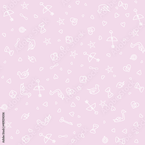 Pattern from set "Love is Enternity". All elements are hand-drawn. Perfect for printing on clothes, cups, gift cards or designer cardboard. Cute white things on pink background.