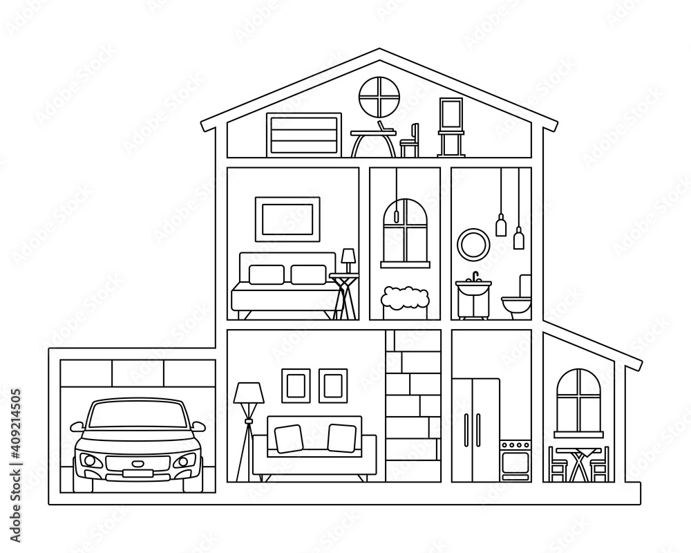 Illustration for coloring book - Cross section of cottage house with furniture, attic and car in garage. Inside paper house - contour black and white picture, coloring game
