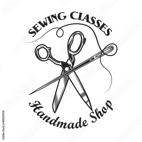 Tailoring emblem template with scissors, needle and thread. Vector illustrations of monochrome sewing instruments. Craft concept for tailor shop or sewing classes emblem design