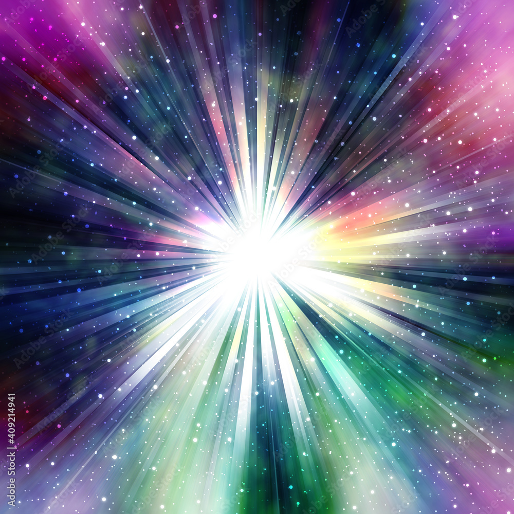 光輝く集中線 様々な色に光る星雲 中央がまぶしく光る 超新星爆発のイメージ Stock イラスト Adobe Stock