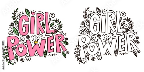 Girl power. Vector doodle illustration with flora elements. Isolated in white background