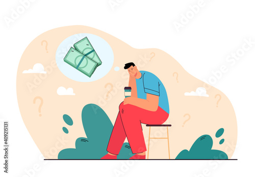 Sad bankrupt thinking of money problems over cup of coffee. Person having debts and financial troubles, feeling depression. Vector illustration broke businessman, poverty, unemployed man concept