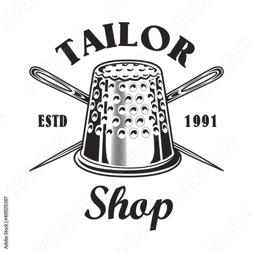 Vintage sewing tools emblem template for tailor store. Vector illustrations of tailoring needles, pins and button. Craft concept for handmade shop or sewing classes emblem design