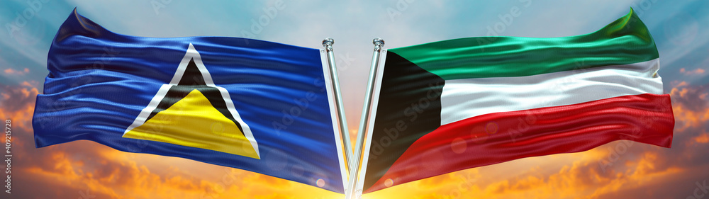Kuwait Flag and Saint Lucia flag waving with texture sky Cloud and ...