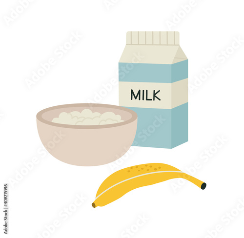 Vector illustration of breakfast. Plate with oatmeal, milk in a box, and banana. Hand-drawn illustration in flat style, isolated on white. Suitable for illustration healthy breakfast, morning routine.