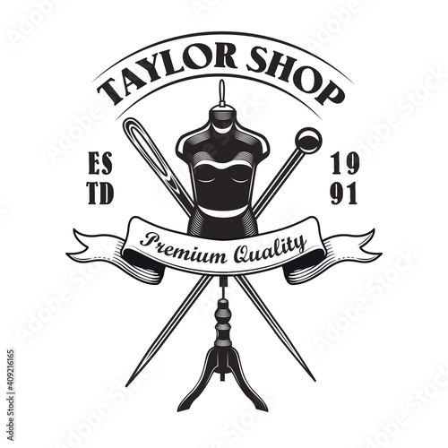 Retro monochrome sewing tools emblem template for tailor store. Vector illustrations of tailoring needles, pins and mannequin. Craft concept for handmade shop or sewing classes emblem design