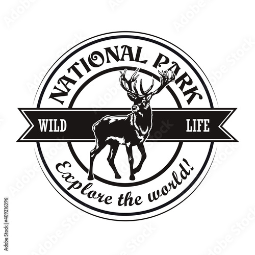 Wild animals reserve symbol design. Monochrome element with moose deer vector illustration with text on circle. National park and nature concept for stamps and emblems templates