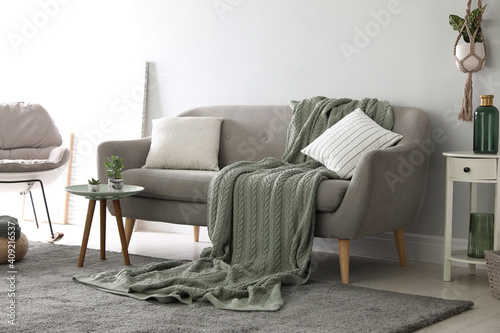 Soft knitted blanket on sofa in room. Home interior