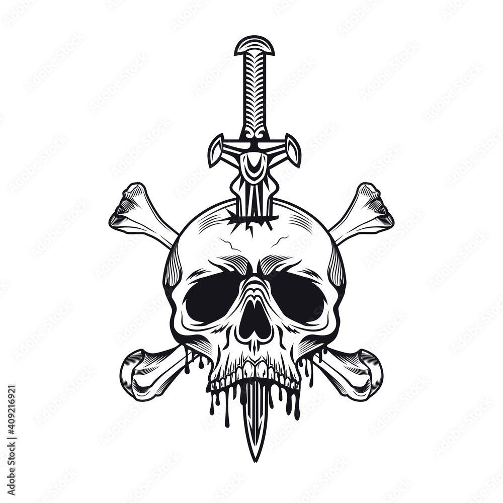 Dagger tattoo design. Monochrome element with knife, skull, cross bones